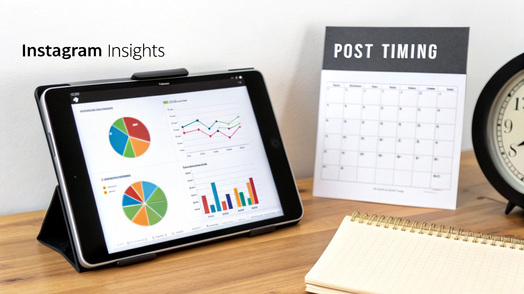 Tablet displaying Instagram analytics charts and graphs next to a post timing content calendar and notebook.