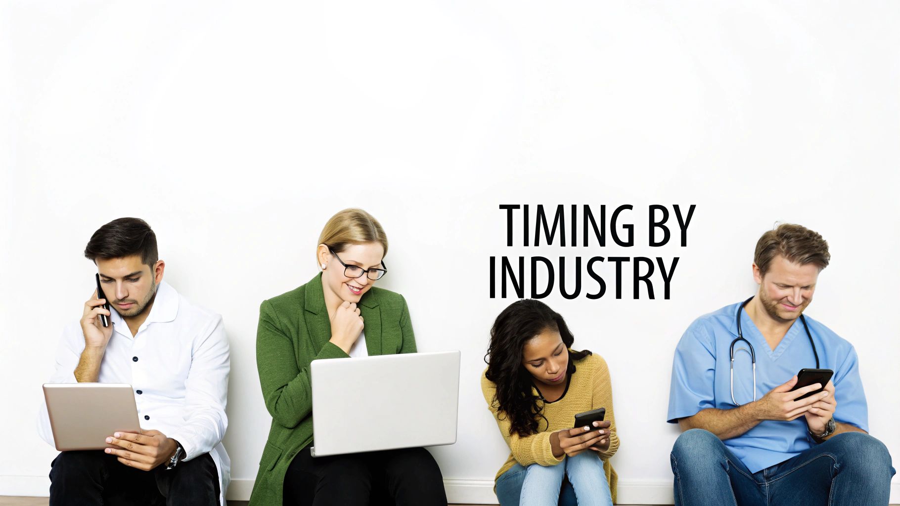 Diverse professionals using laptops and smartphones, including doctors and businesspeople, with 'Timing by Industry' text.