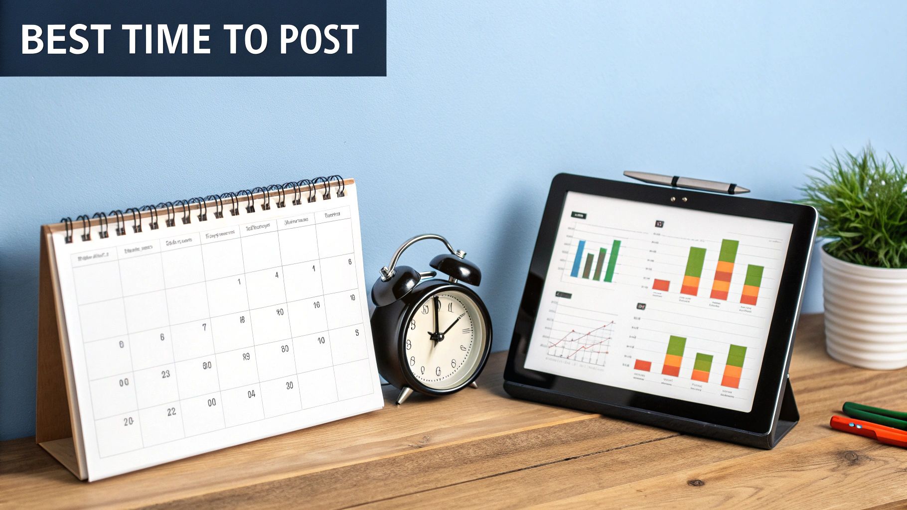 Desk with calendar, clock, and tablet displaying analytics graphs for social media scheduling