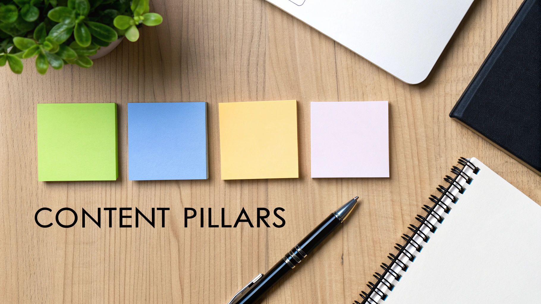 Four colorful sticky notes and 'CONTENT PILLARS' text on a wooden desk with office supplies.