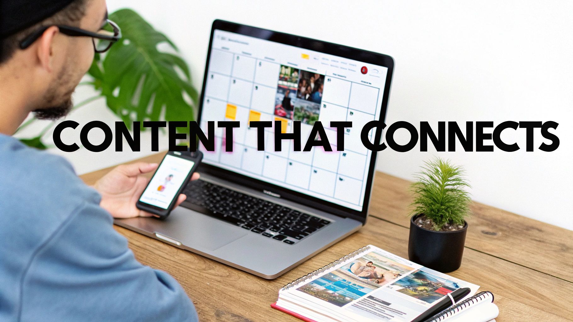 A person works on a laptop displaying a content calendar and holds a smartphone. Text: 'CONTENT THAT CONNECTS'.
