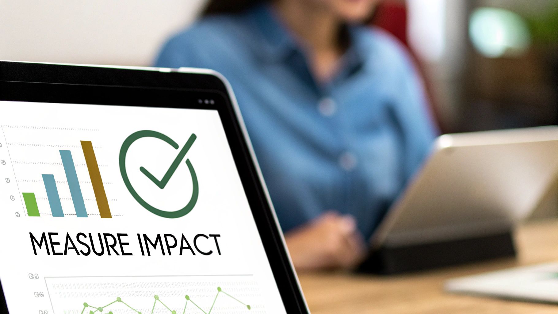 Laptop screen displaying 'MEASURE IMPACT' with a bar chart and green checkmark, symbolizing data analysis and success.