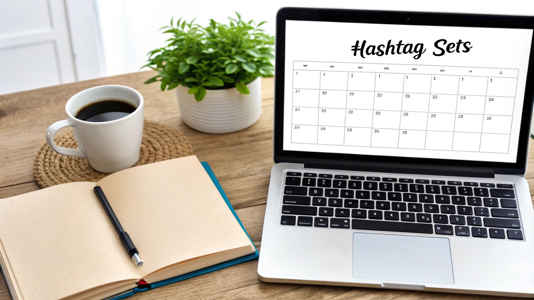 A laptop displaying "Hashtag Sets" with a calendar grid, coffee, plant, and notebook on a wooden desk.