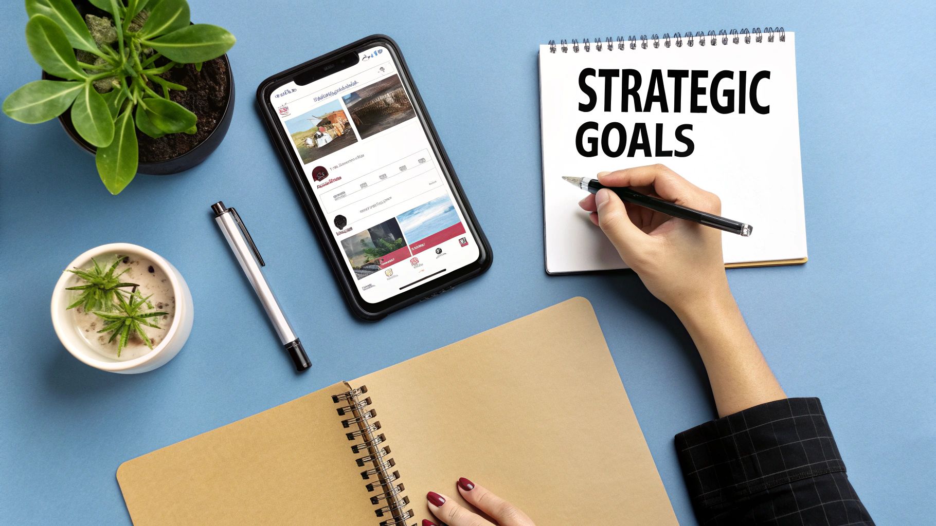 Flat lay of a desk with a hand writing 'Strategic Goals' on a notebook, smartphone, and plants.