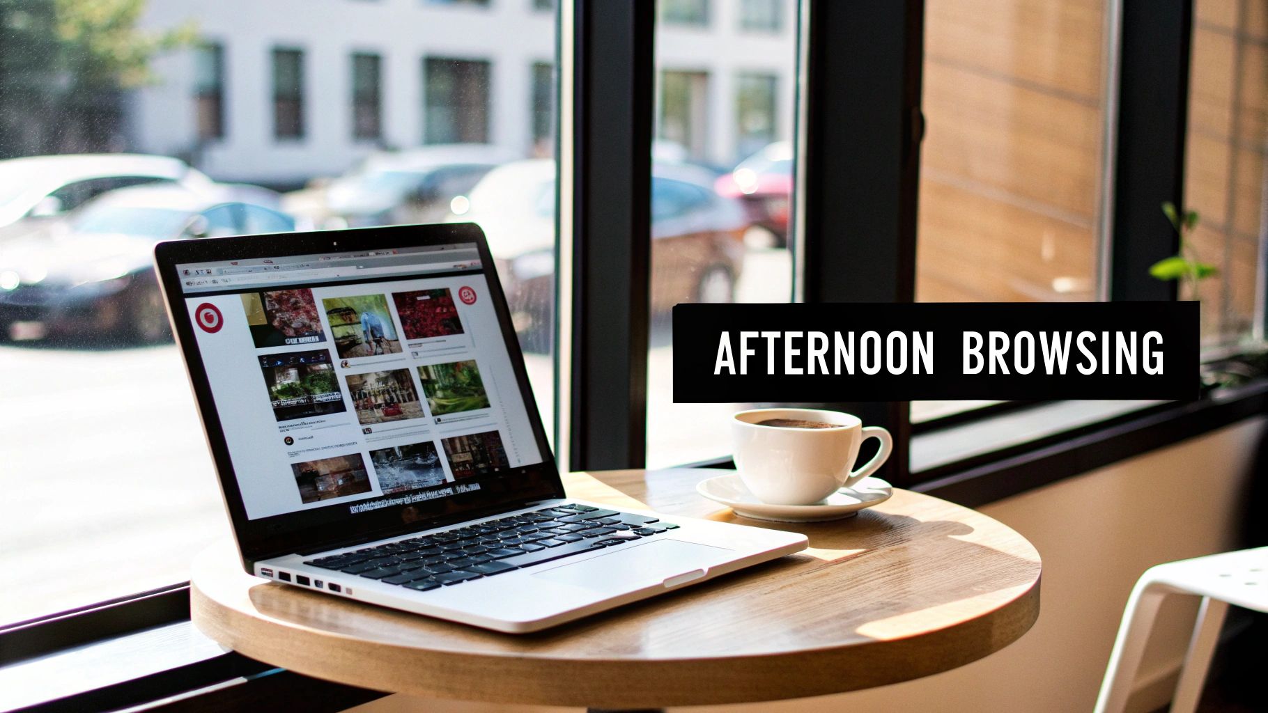 Laptop open to a browsing site and coffee cup on a sunlit wooden table by a window.