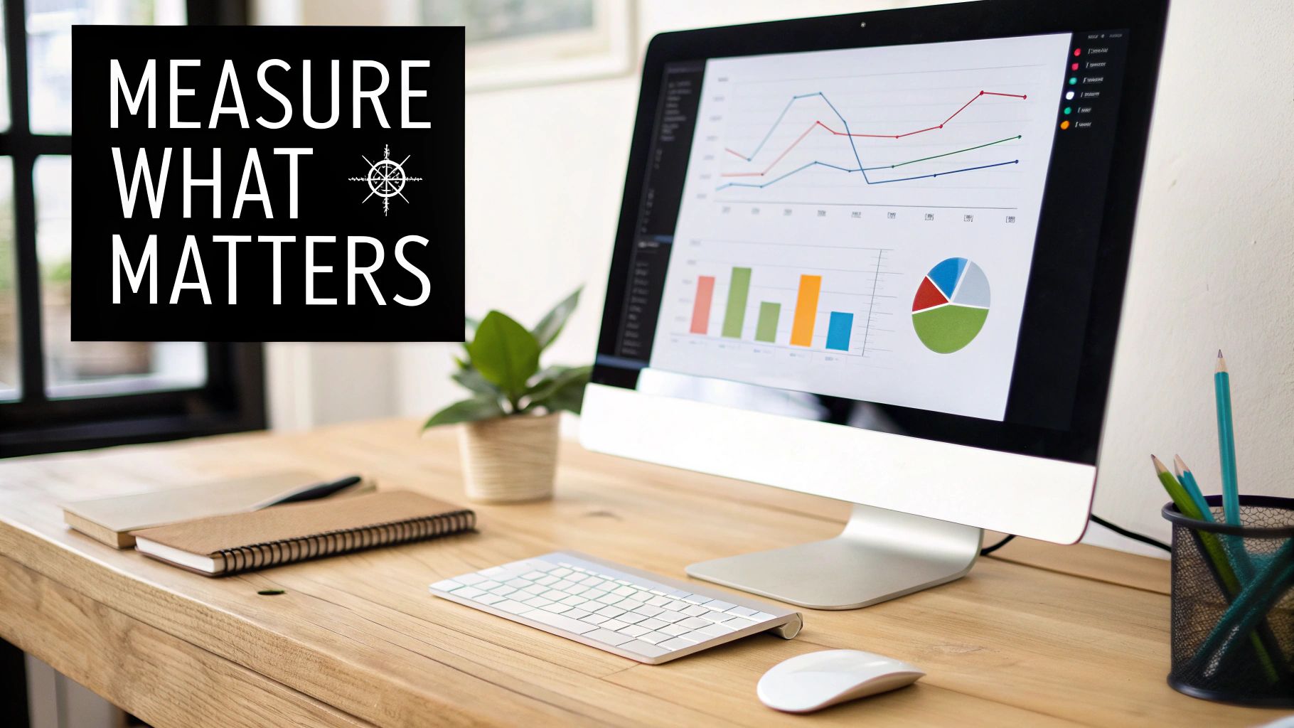 A computer monitor displays business charts and graphs on a desk with a 'MEASURE WHAT MATTERS' sign.