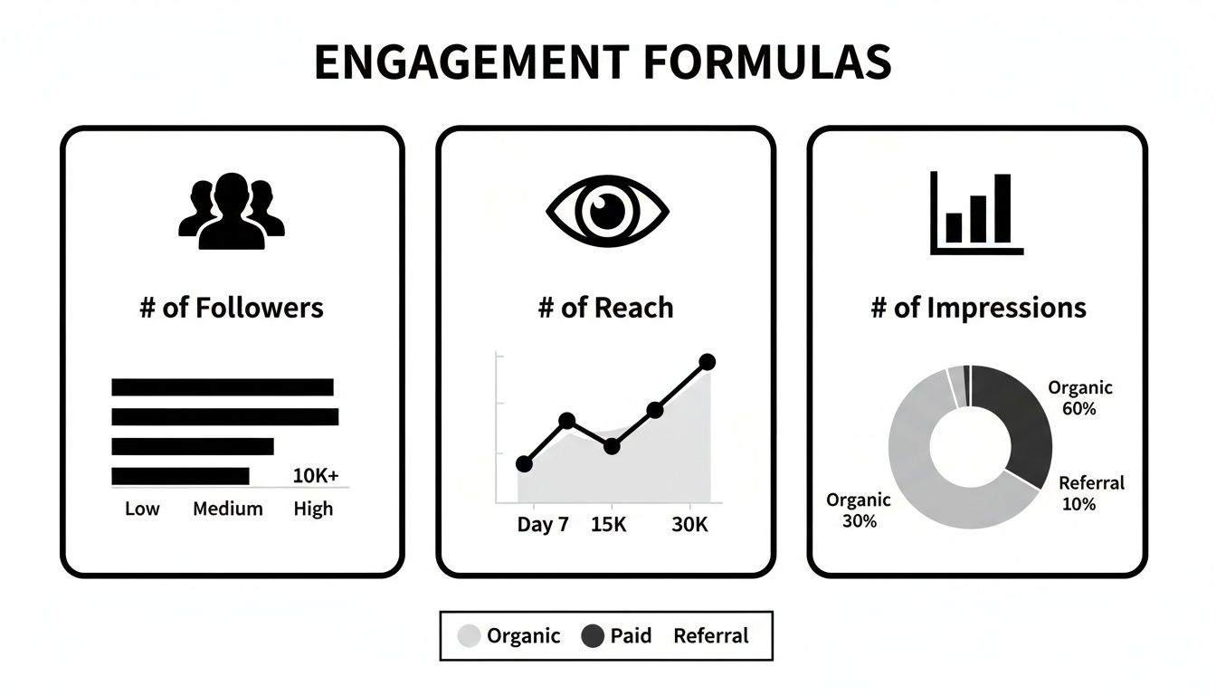 Infographic showing social media engagement formulas including followers, reach, and impressions metrics.