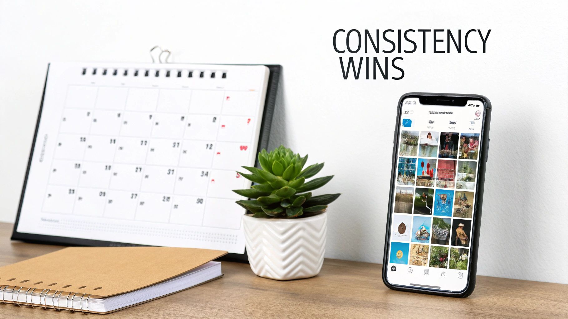 A desk setup featuring a calendar, a succulent plant, a notebook, and a smartphone displaying a social media feed, with the text 'CONSISTENCY WINS'.