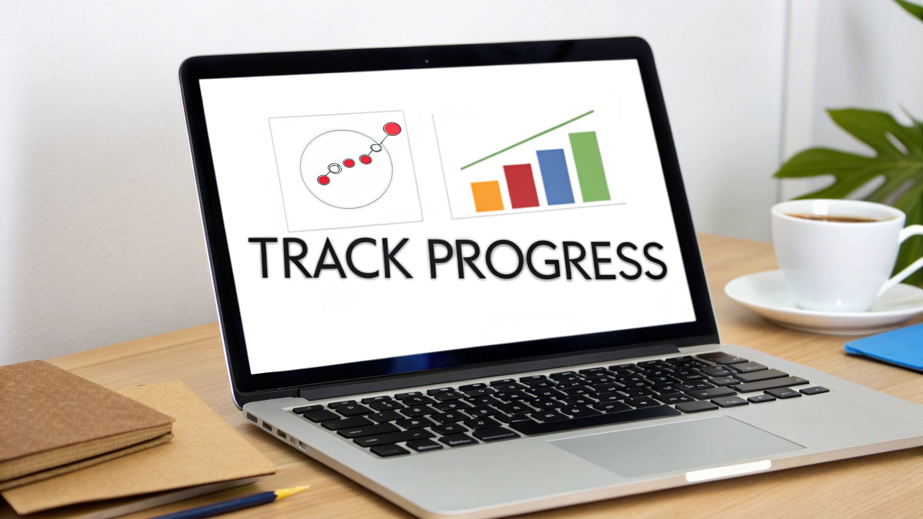 Laptop displaying 'Track Progress' with charts, a coffee cup, and notebooks on a wooden desk.