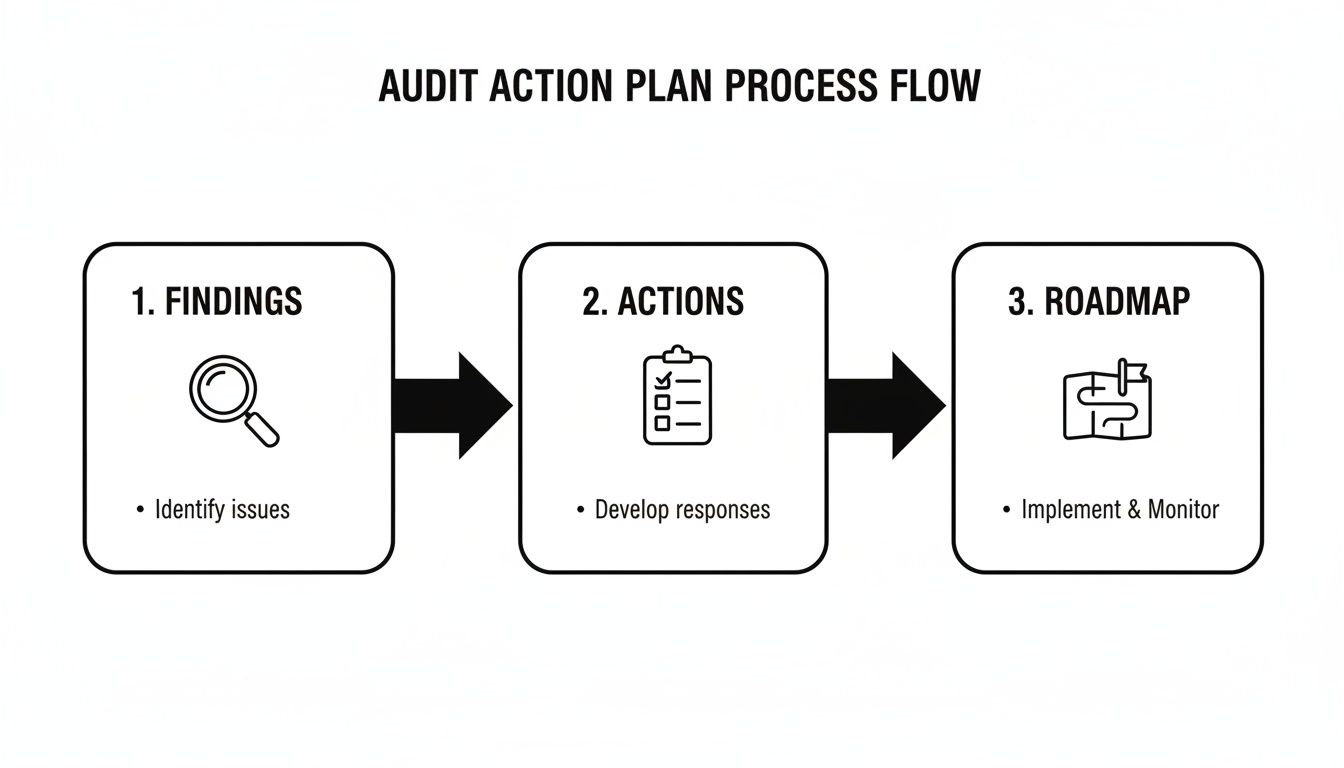 A visual flow diagram illustrating the three steps of an audit action plan process.