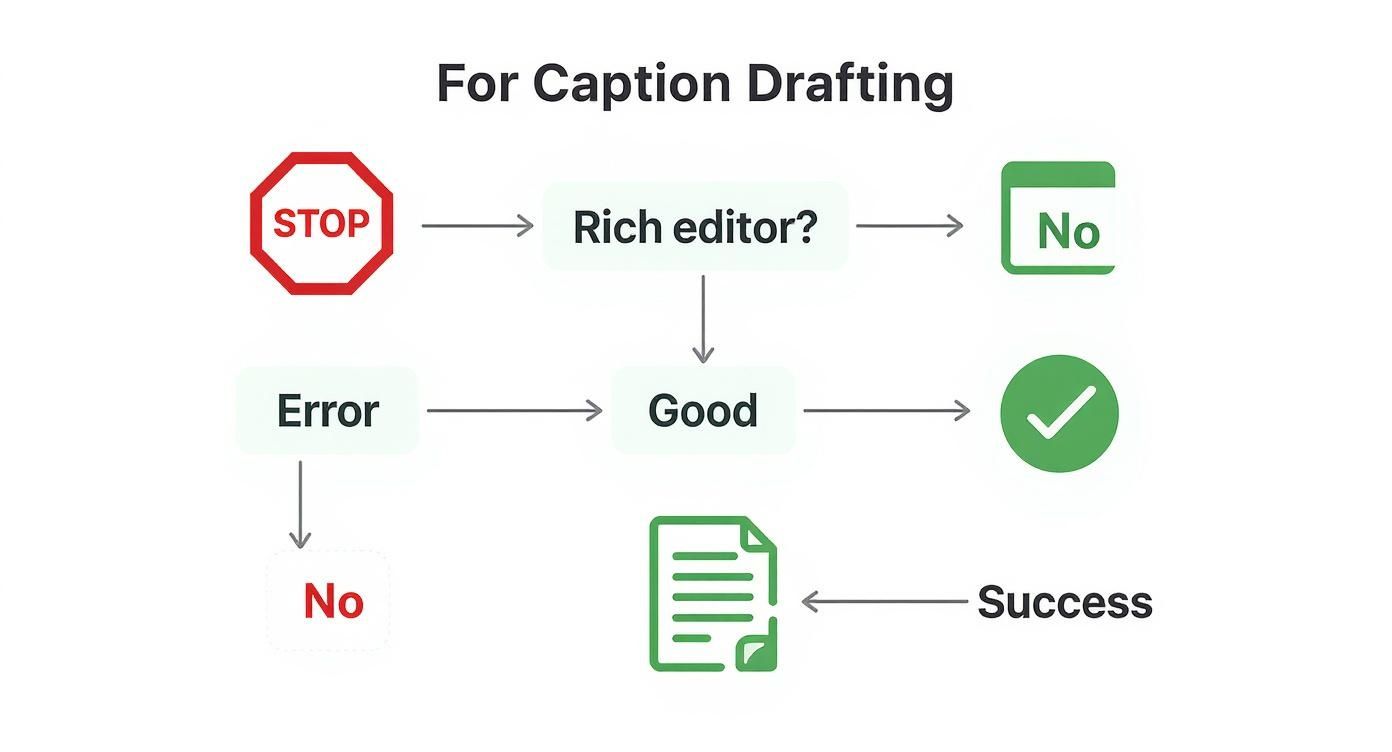 Flowchart for caption drafting, depicting steps from stop to rich editor, error, good, and success.