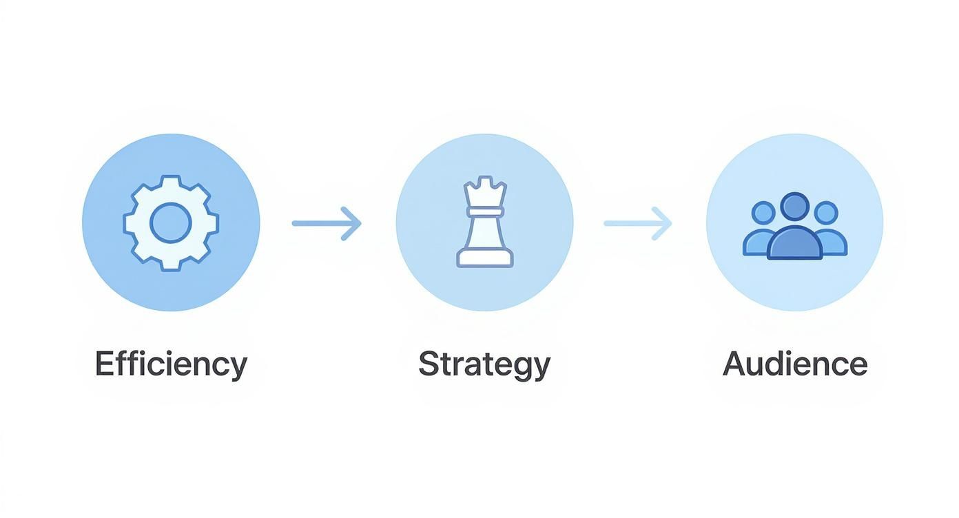 Three blue circular icons showing gear, chess piece, and people, illustrating efficiency, strategy, and audience workflow