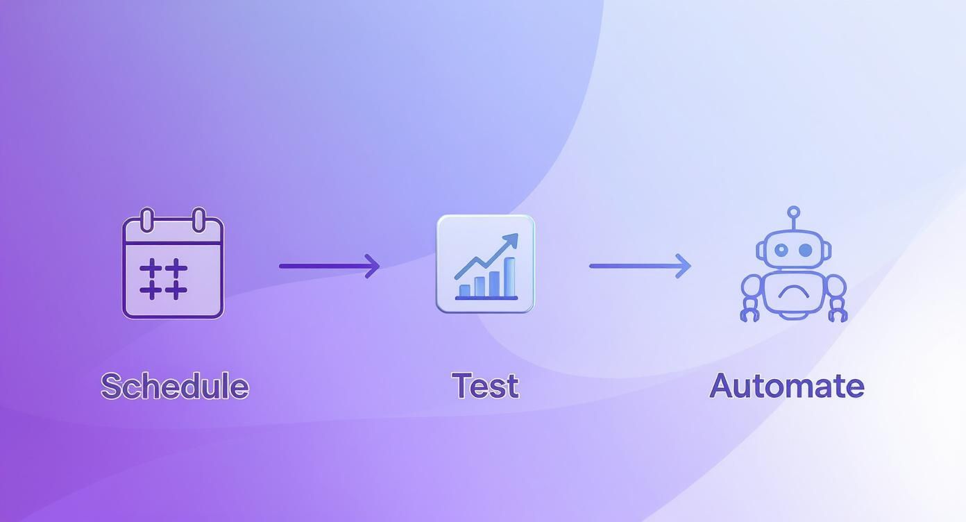 A purple-themed workflow illustration showing three steps: Schedule (calendar), Test (chart), and Automate (robot).