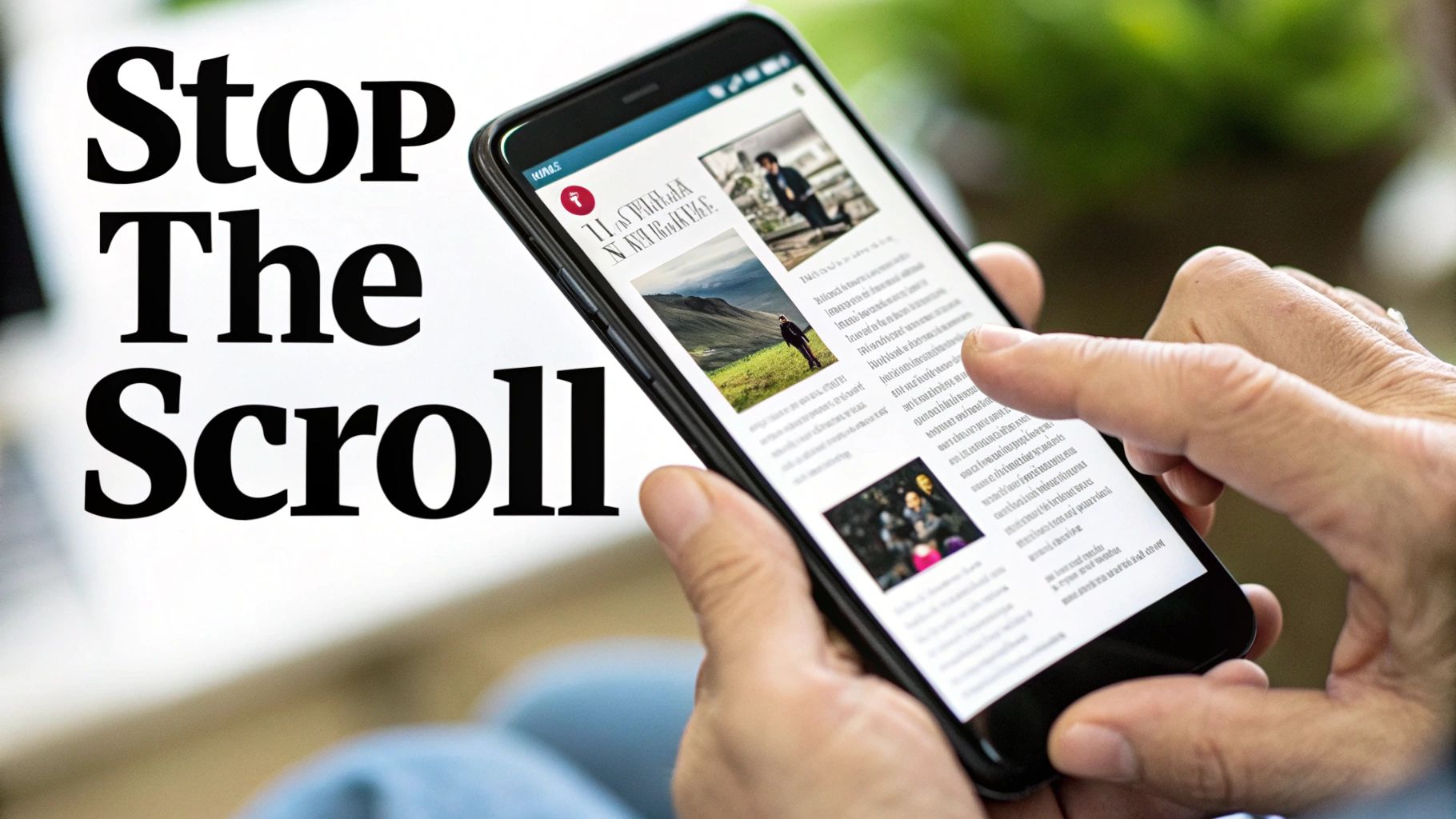 Hands holding a smartphone, scrolling through a news feed, with the text 'Stop The Scroll' on the left.