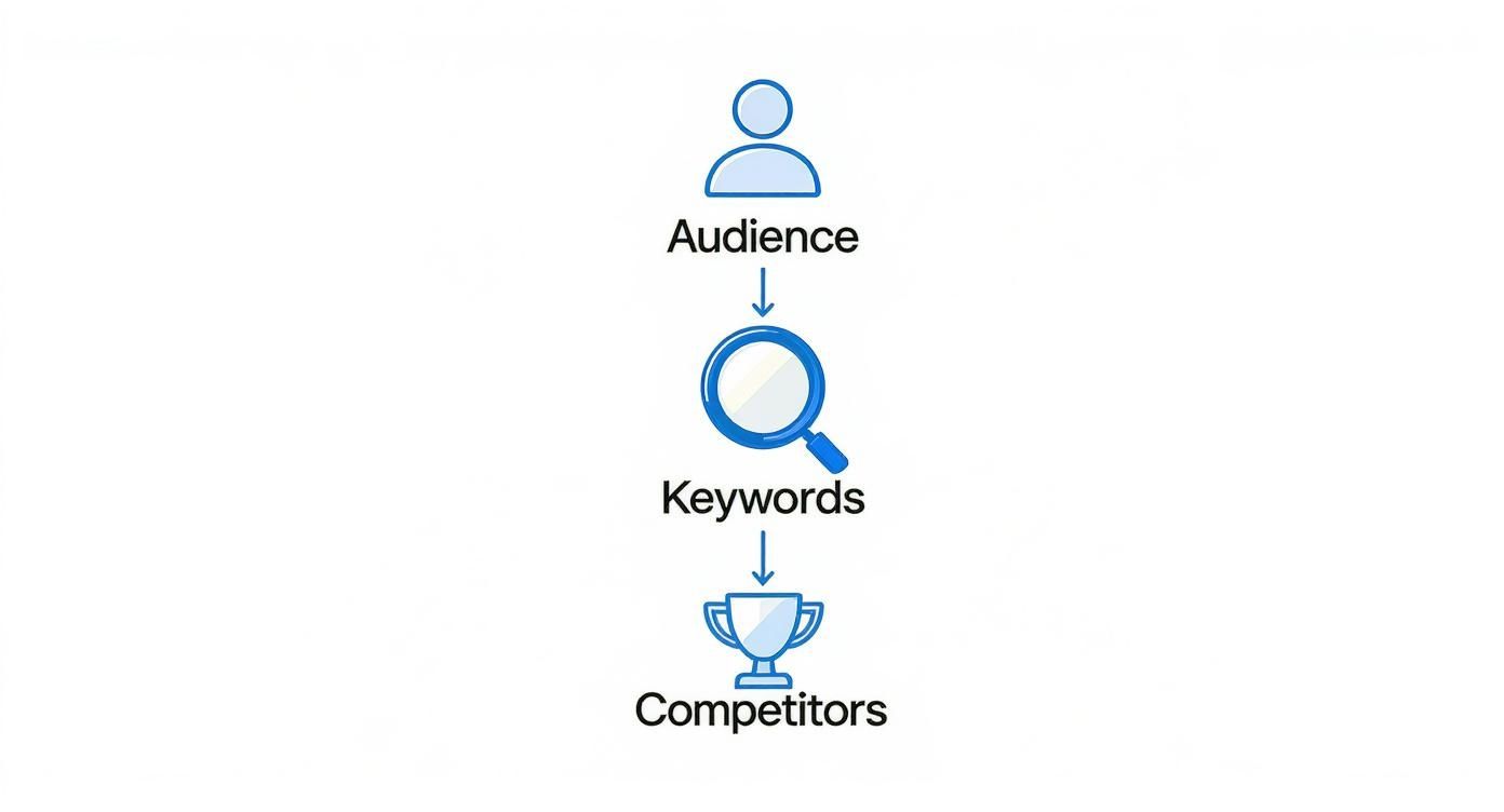 A marketing strategy flowchart outlining the steps to identify audience, keywords, and competitors.