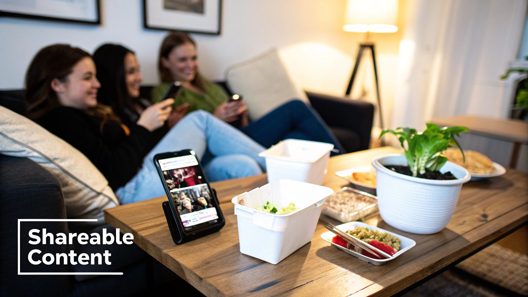 Three friends share food and watch social media content on a smartphone at home.