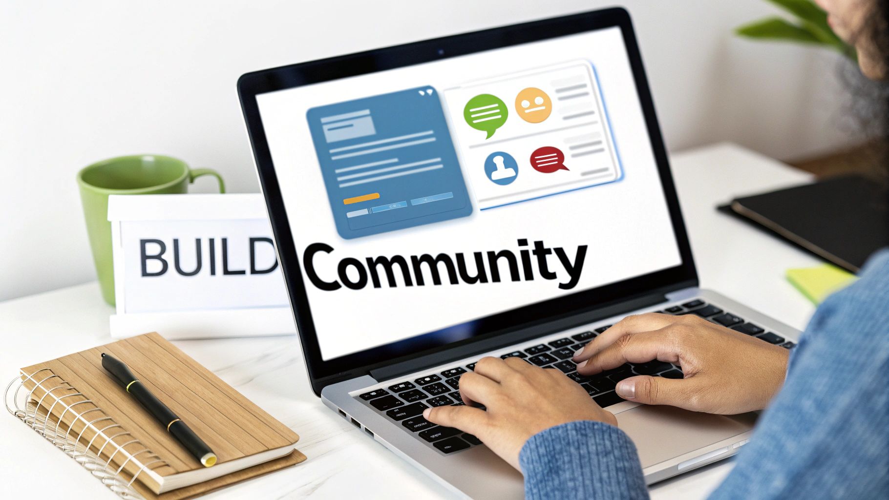 Person typing on a laptop displaying 'Community' text and social media icons, with a 'BUILD' sign.