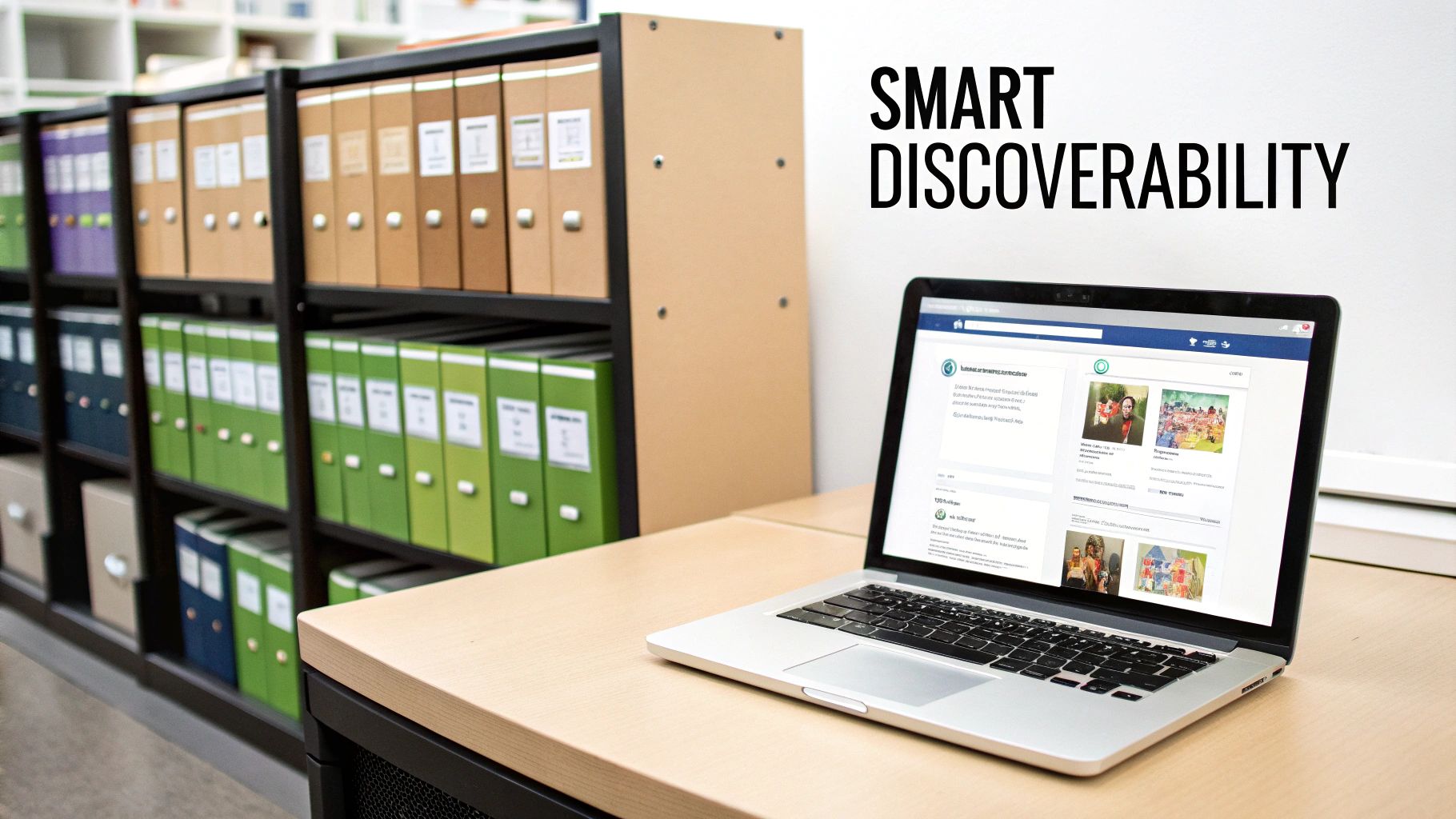A laptop displays a Facebook-like interface with images and text, alongside shelves of archive files and 'SMART DISCOVERABILITY' text.