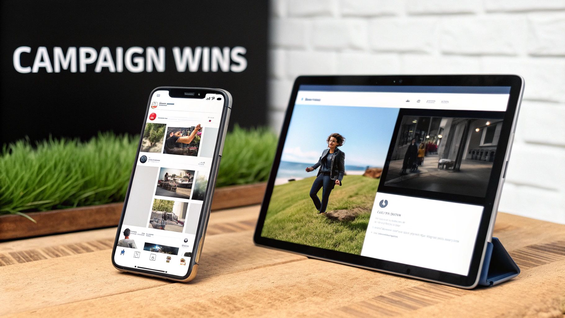 A smartphone and tablet display digital content, with 'CAMPAIGN WINS' sign in the background.