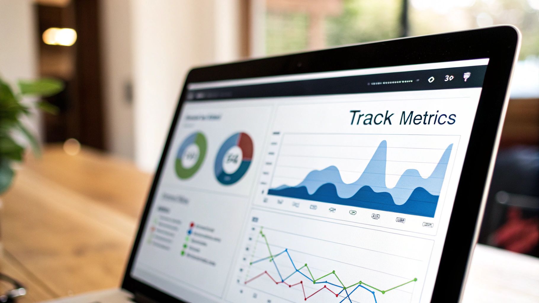 A laptop screen displaying a dashboard with various data analytics charts and 'Track Metrics' title.