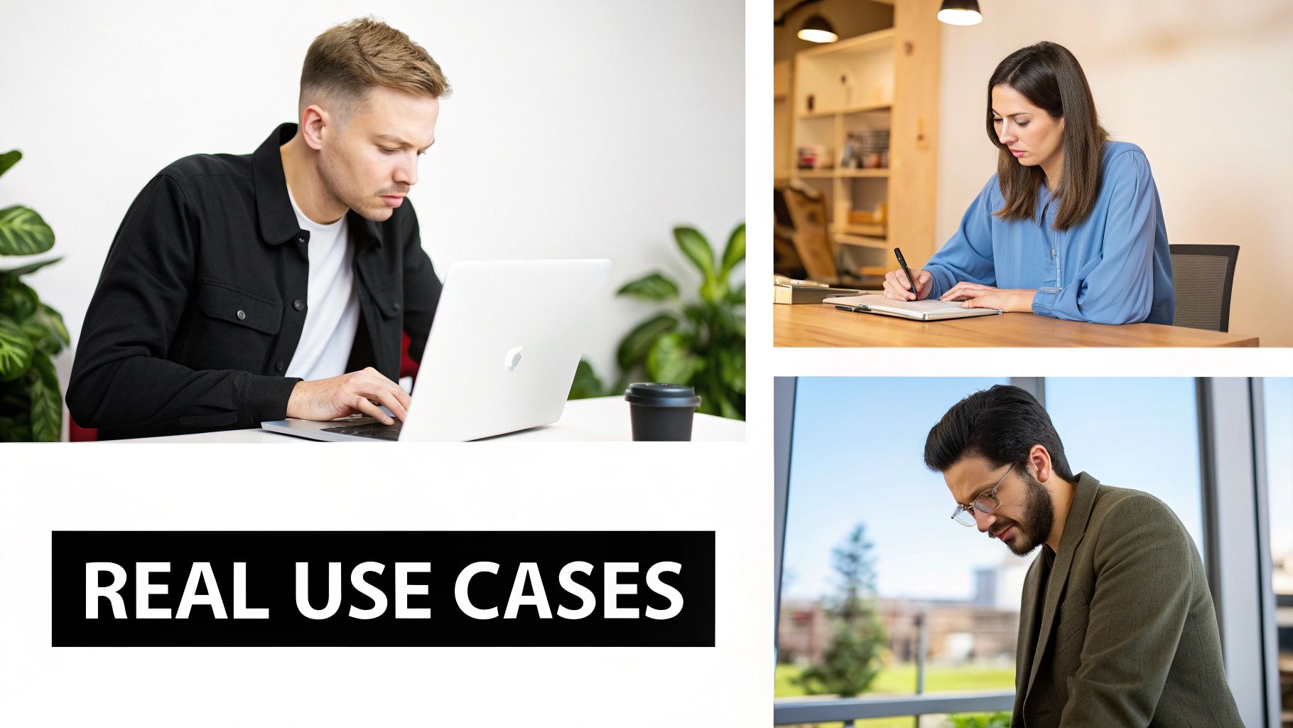 Collage of three diverse people working on laptops, writing, and focusing in different office settings.