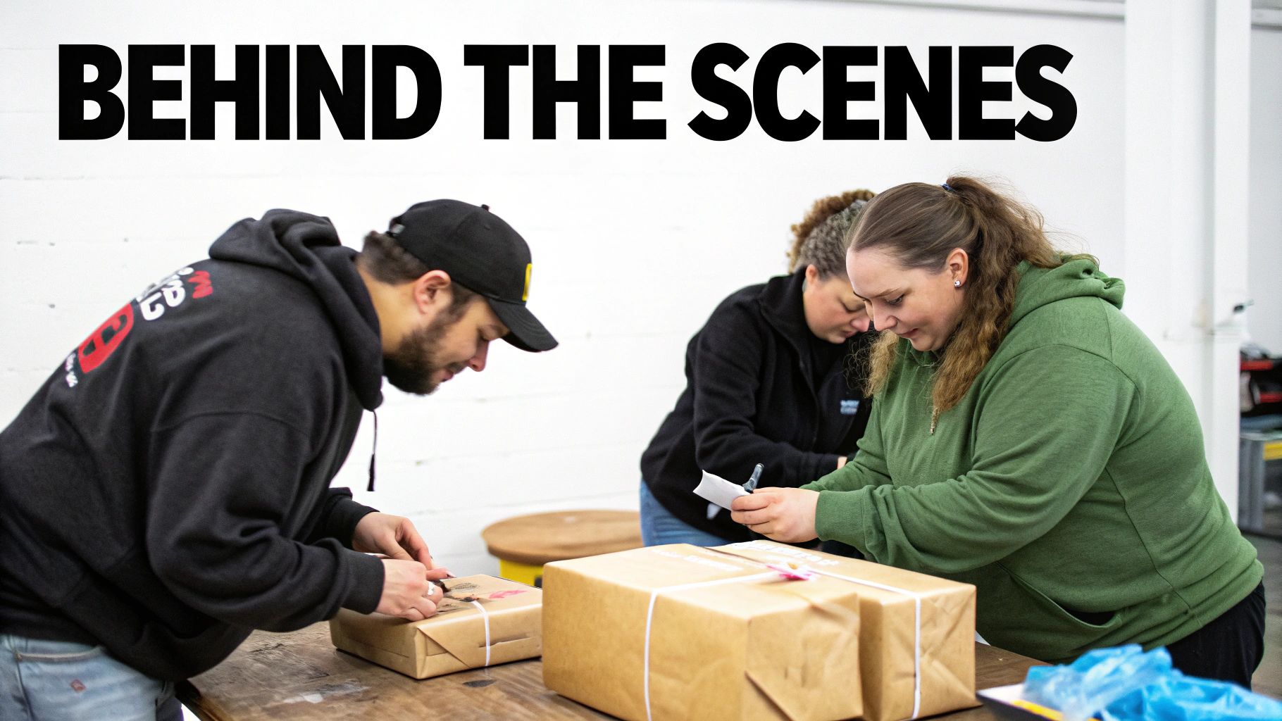 Three people busy packing and labeling brown paper packages at a wooden table, 'Behind the Scenes' text.