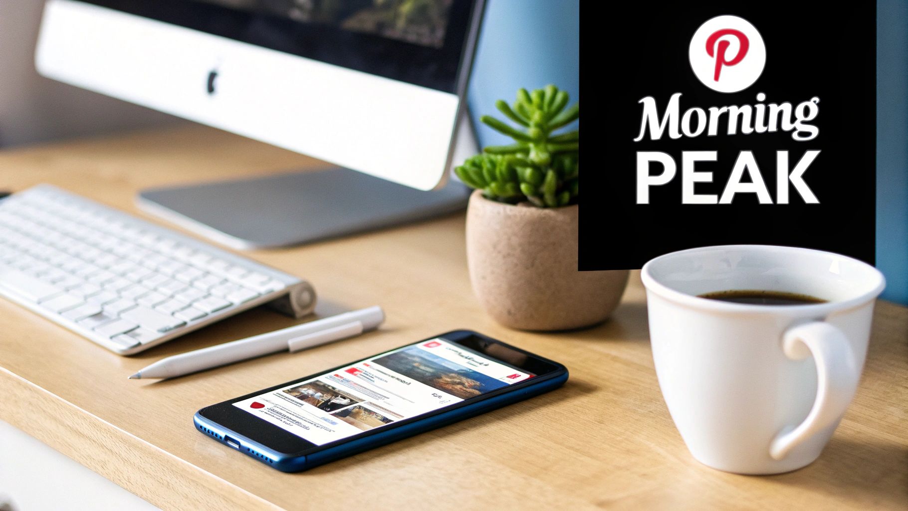 A desk with a computer, keyboard, smartphone displaying Pinterest, coffee, and a 'Morning PEAK' overlay.