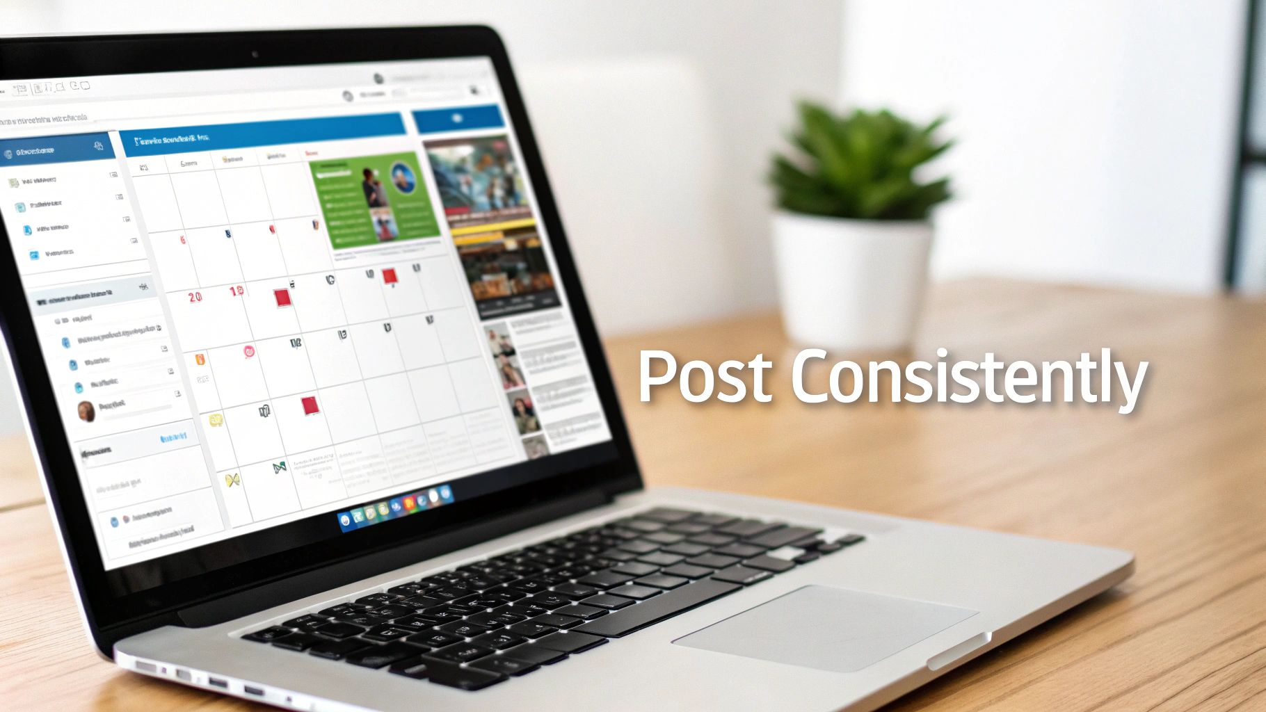 Graphic showing social media scheduling on a laptop screen