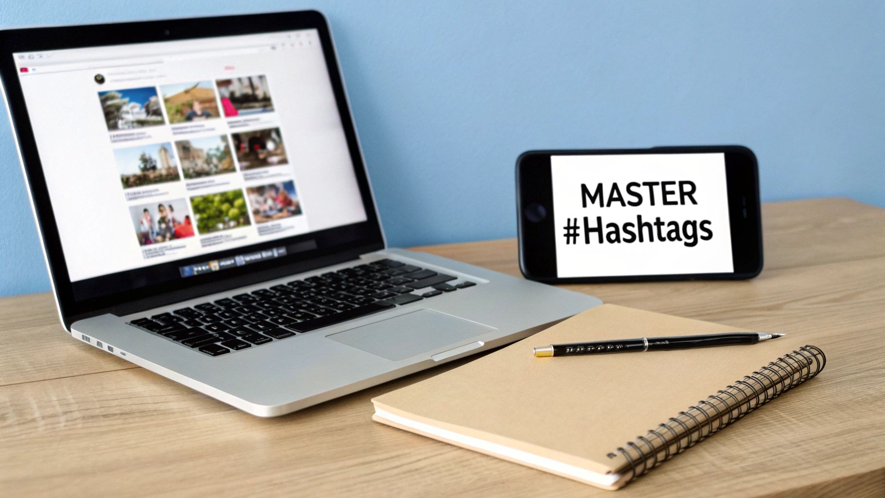 A laptop, smartphone displaying 'MASTER #Hashtags', a notebook, and a pen on a wooden desk.