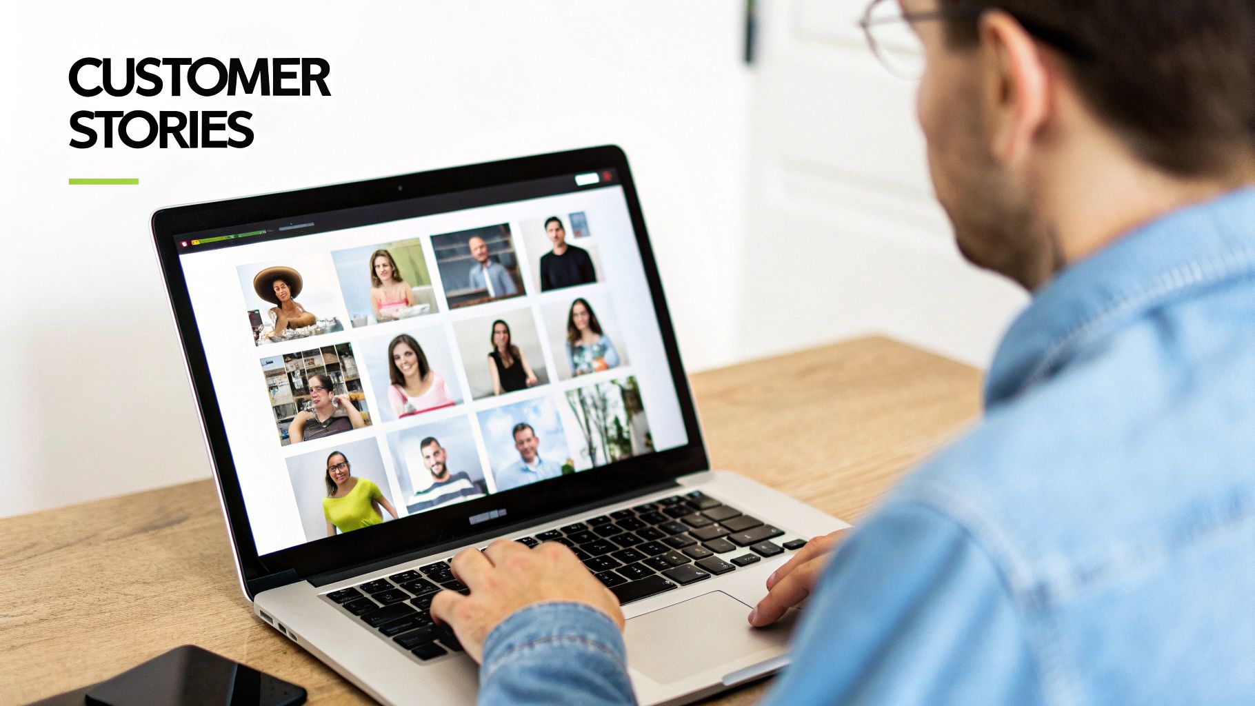 Man viewing customer stories on laptop screen during virtual video conference call meeting