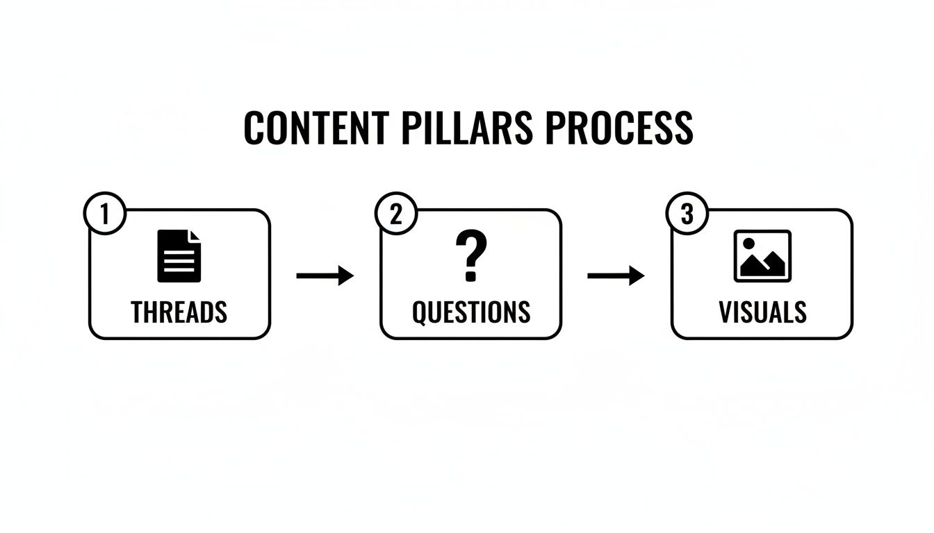 A three-step content pillars process diagram showing threads, questions, and visuals.