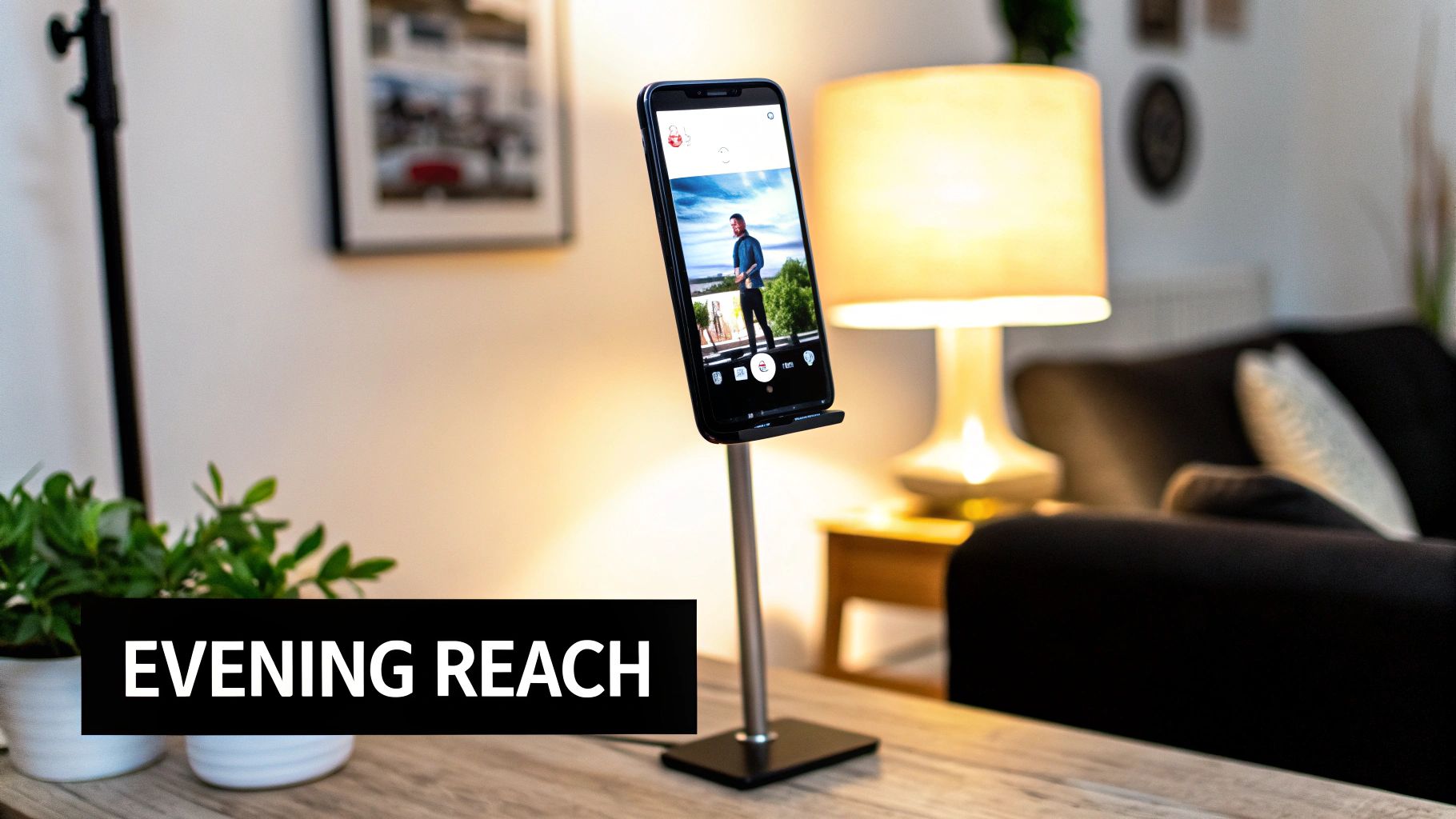 A smartphone on a stand displays a social media feed with a photo, in a cozy evening room.