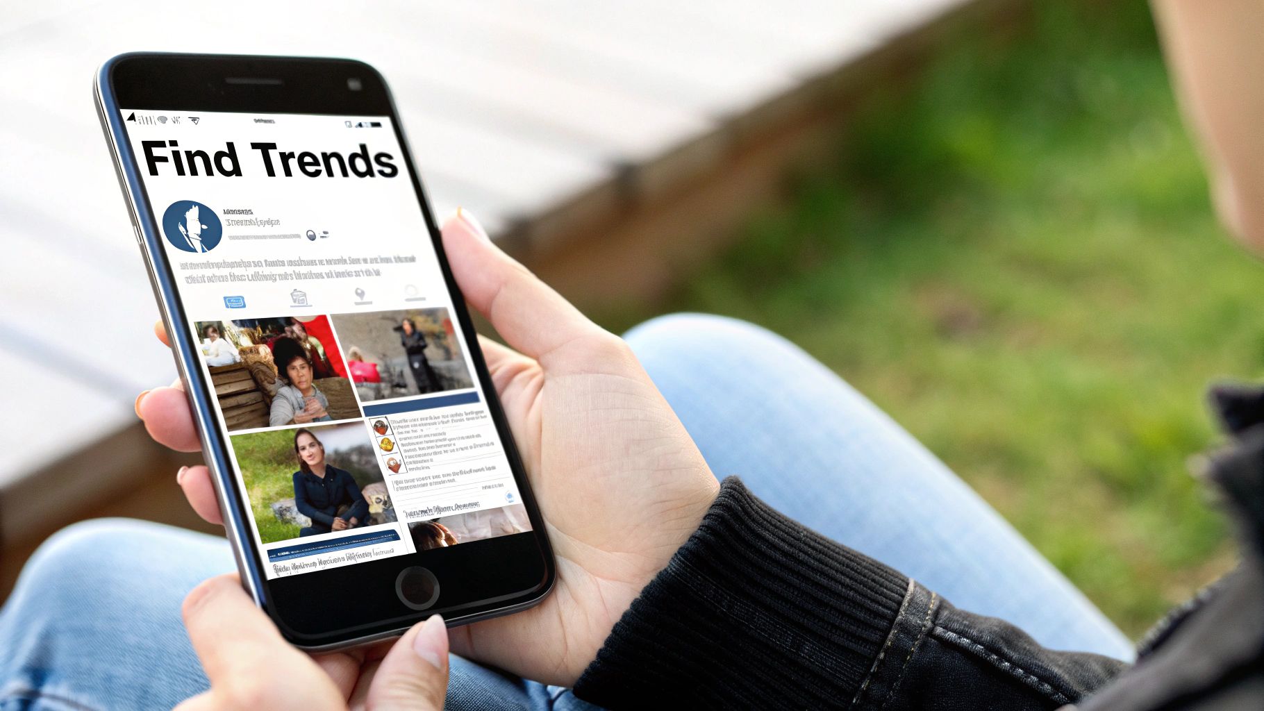 A person holds a smartphone displaying a social media app with 'Find Trends' and various photo feeds.