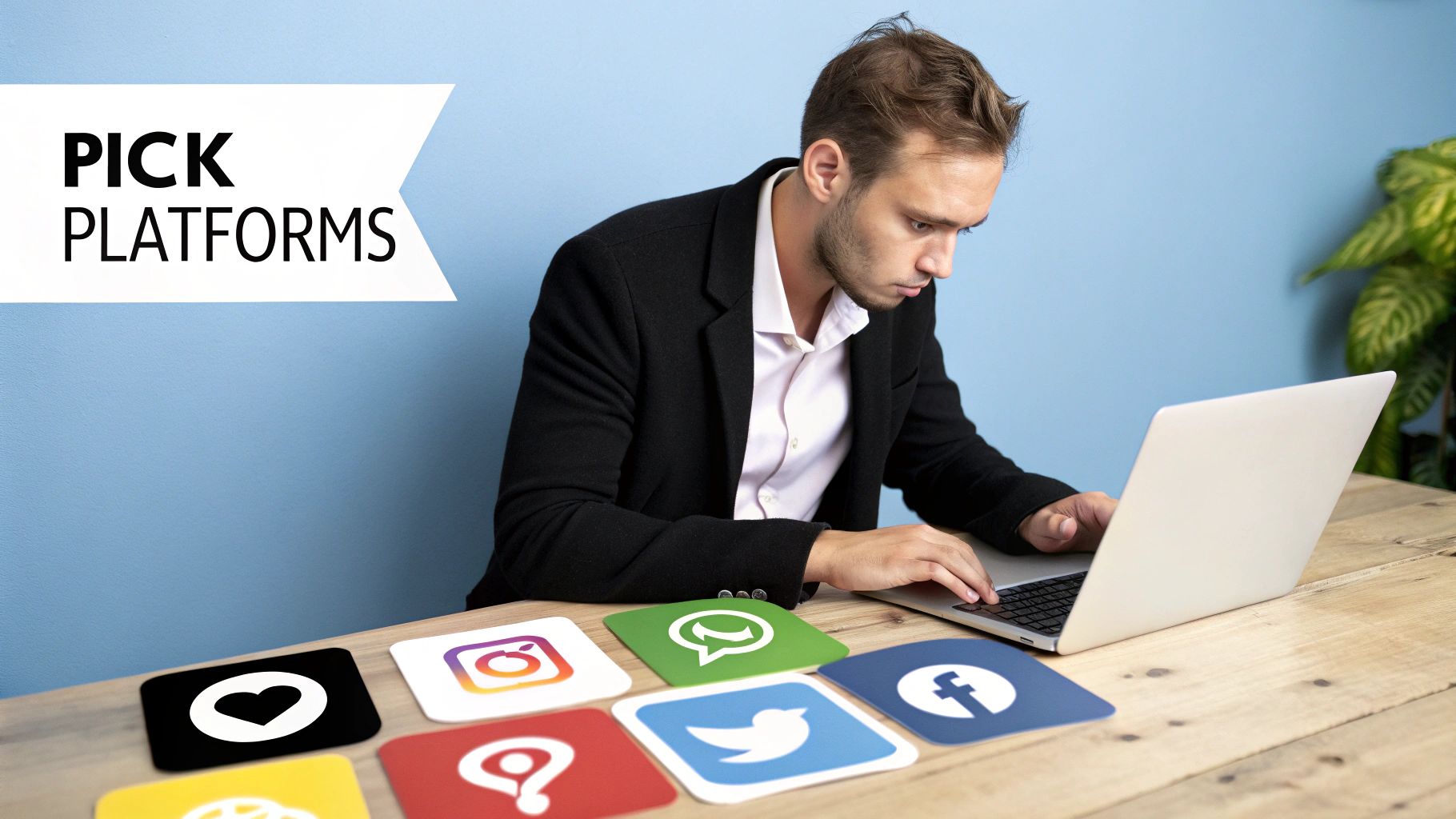 An image showing a person creating social media content on a laptop, with icons for video, likes, and comments.