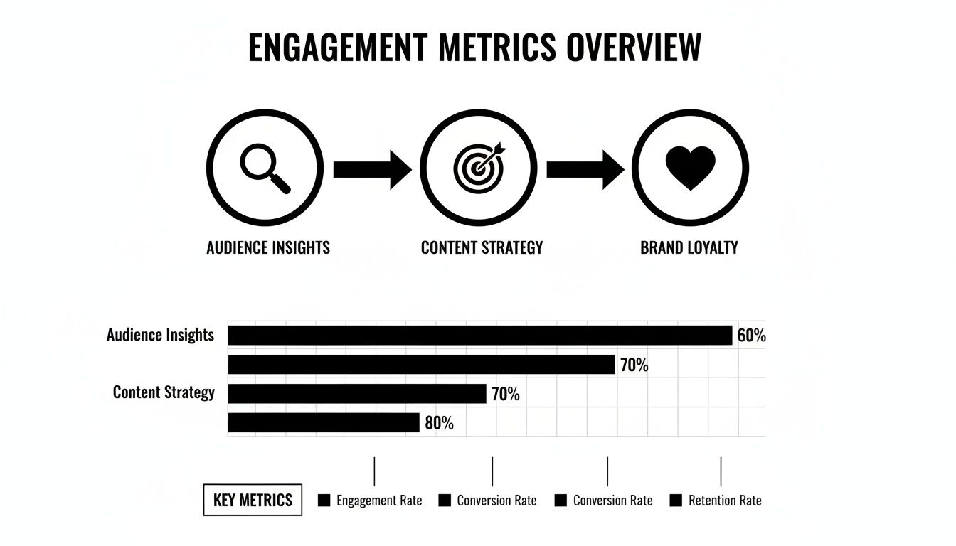 Flowchart and bar chart illustrating engagement metrics overview, including audience insights and content strategy data.
