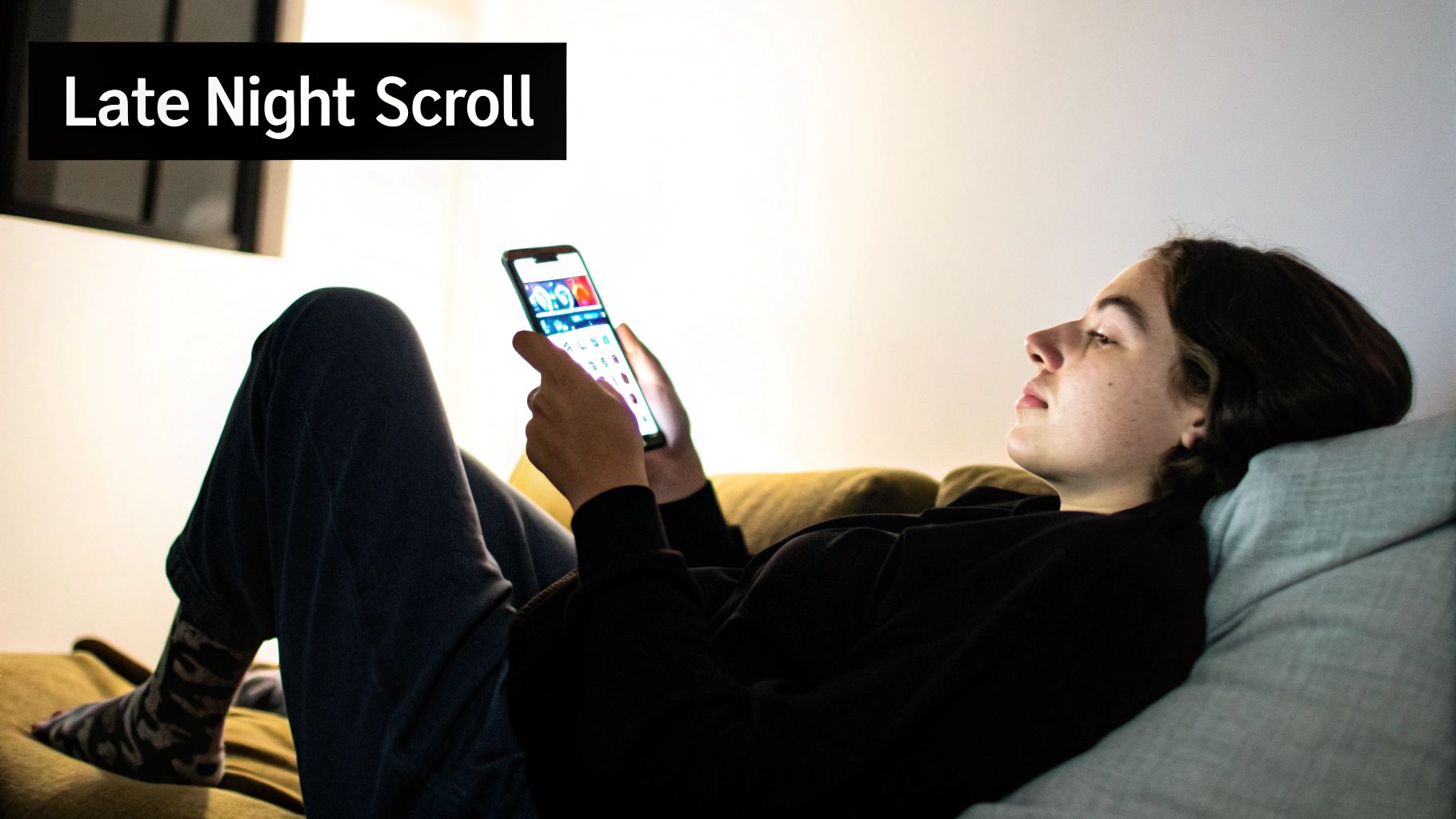 A young person lies on a couch, scrolling through their bright smartphone screen in a dimly lit room at night.