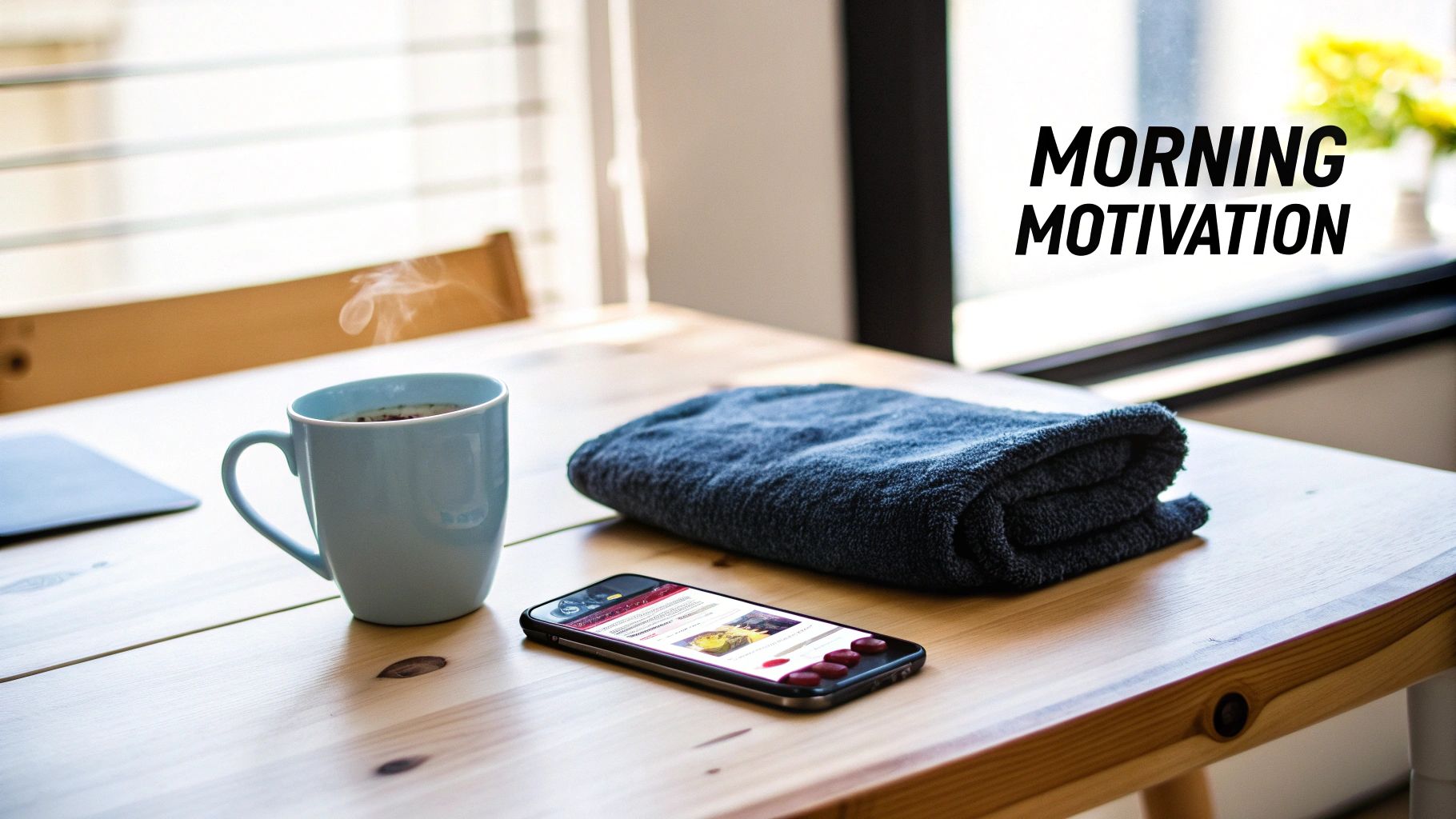 A morning scene with a steaming coffee mug, a towel, and a smartphone on a wooden table.