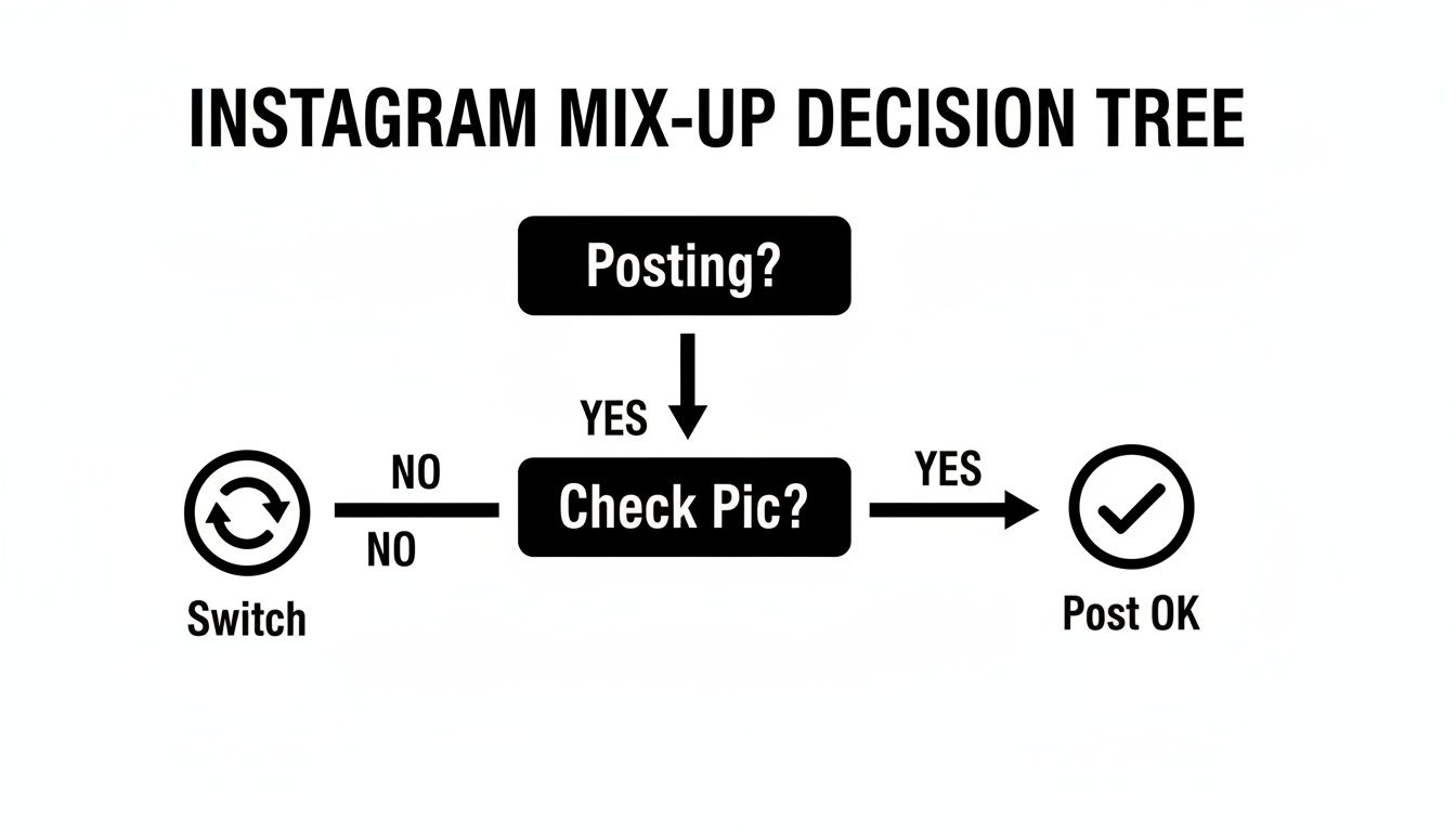 A decision tree flowchart for Instagram posting, guiding users to check pictures or switch accounts.