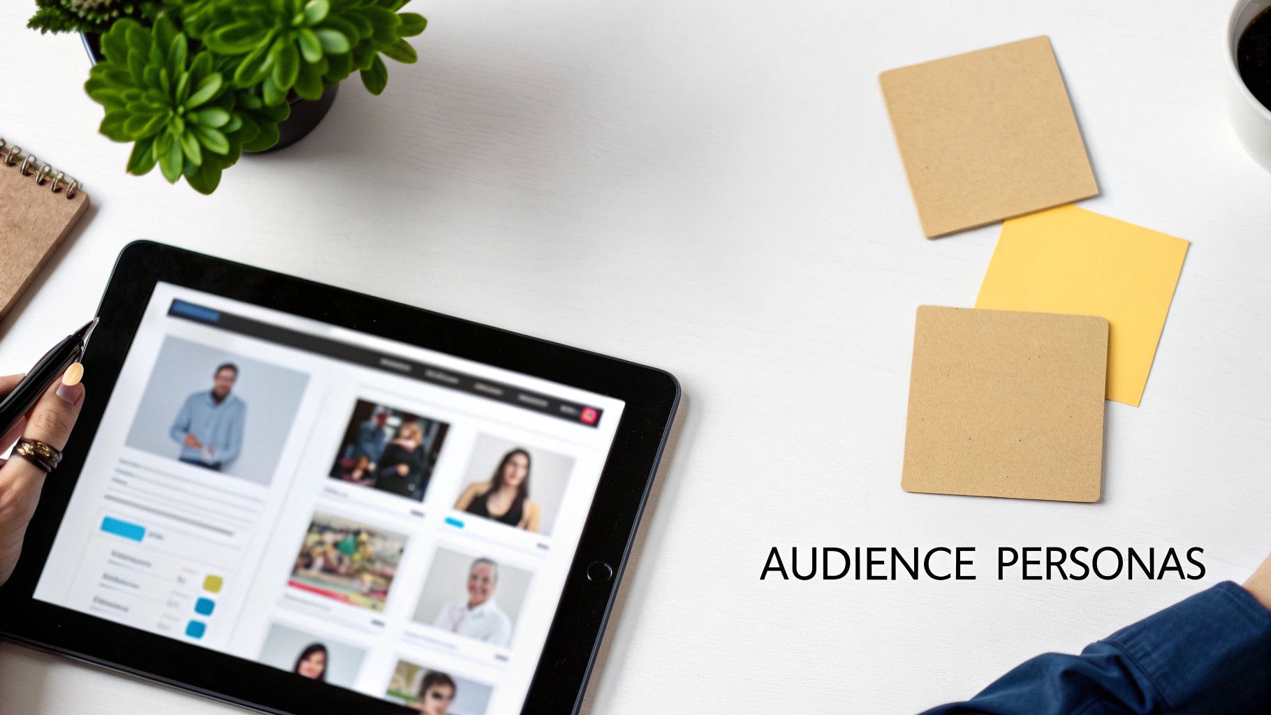 A person uses a tablet to analyze audience personas, surrounded by a plant and blank notes.