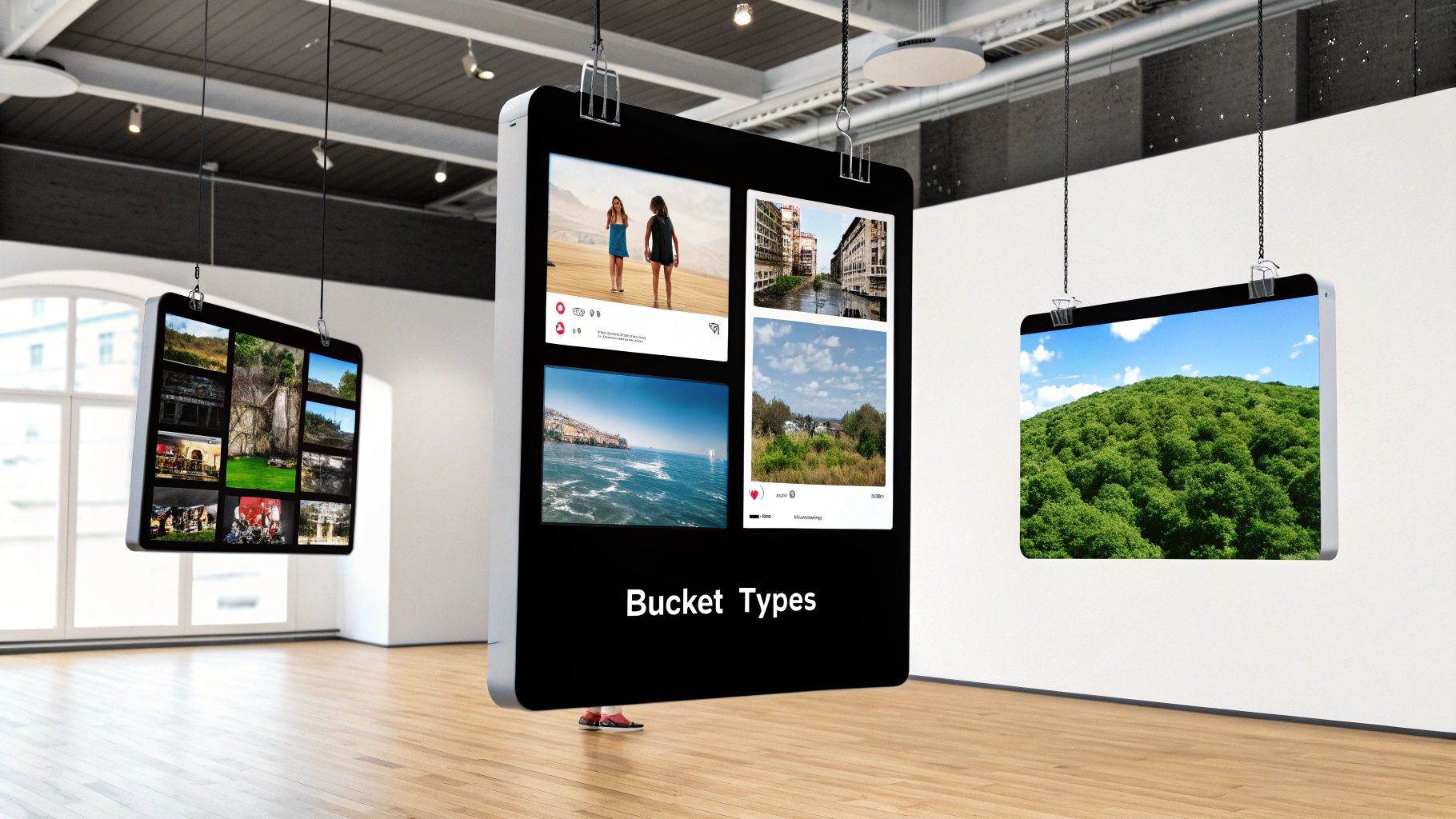 A vibrant, well-organized social media feed shown on a tablet, with different post types color-coded to represent the five content buckets.