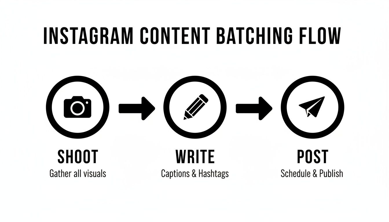 Flowchart illustrating the Instagram content batching process with steps: Shoot, Write, and Post.