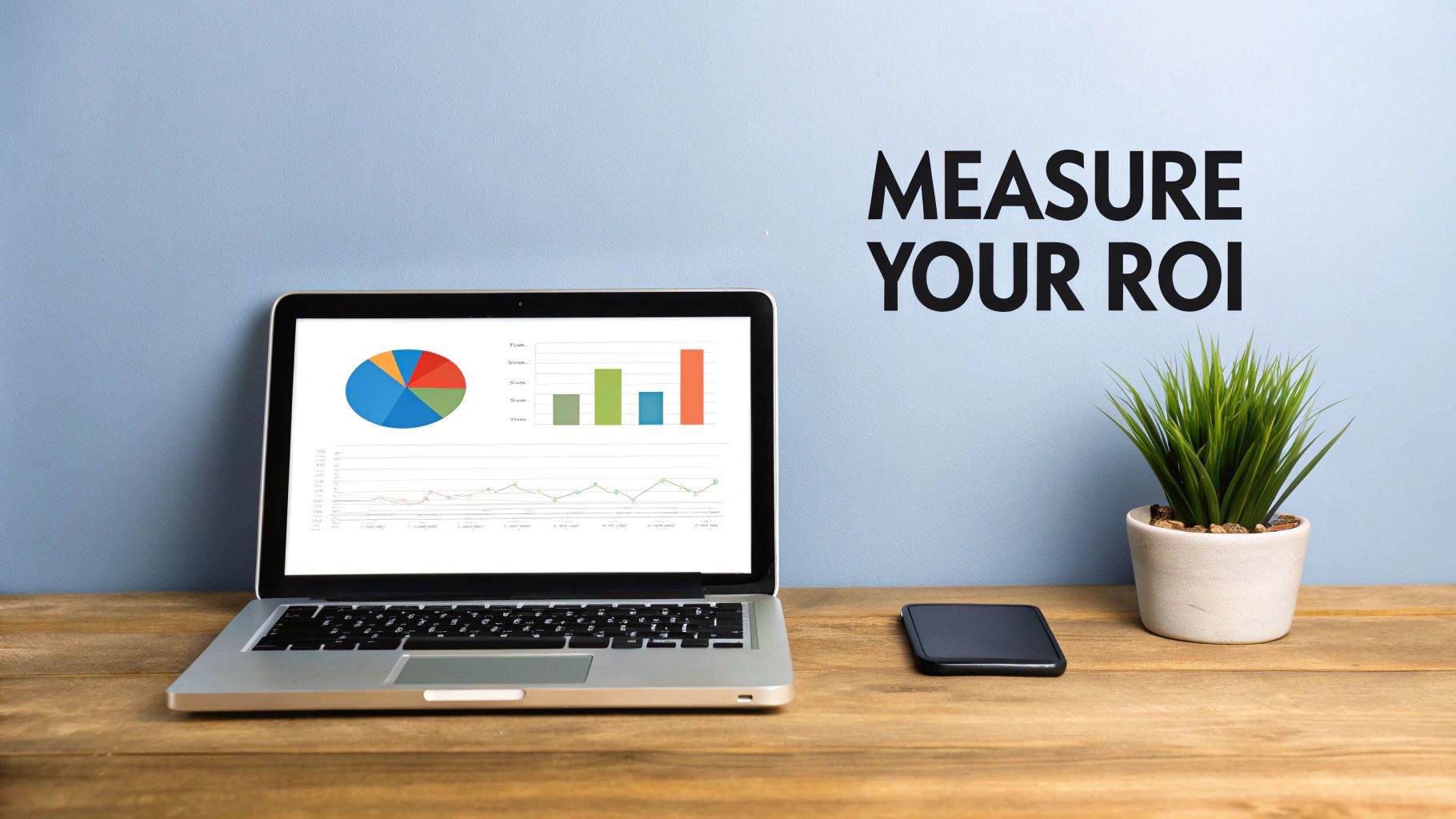 A laptop on a wooden desk shows data charts, a smartphone, and a plant. Text: 'MEASURE YOUR ROI'.
