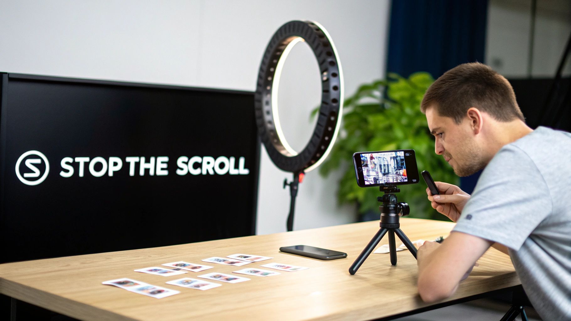 A man sets up a smartphone on a tripod with a ring light, preparing for content creation.