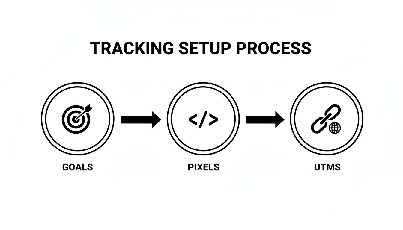 Flowchart illustrating the marketing tracking setup process with goals, pixels, and UTMs.