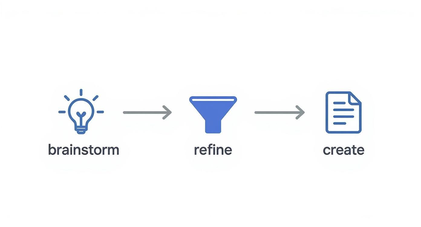 Infographic showing the content pillar creation process from brainstorming to refinement to creation.