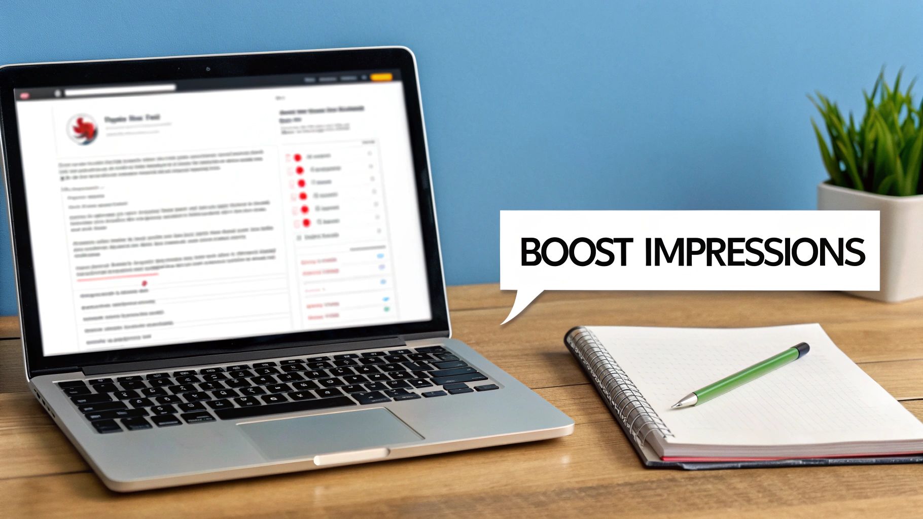 Laptop displaying a social media feed, a notebook, and a speech bubble with 'BOOST IMPRESSIONS' on a wooden desk.
