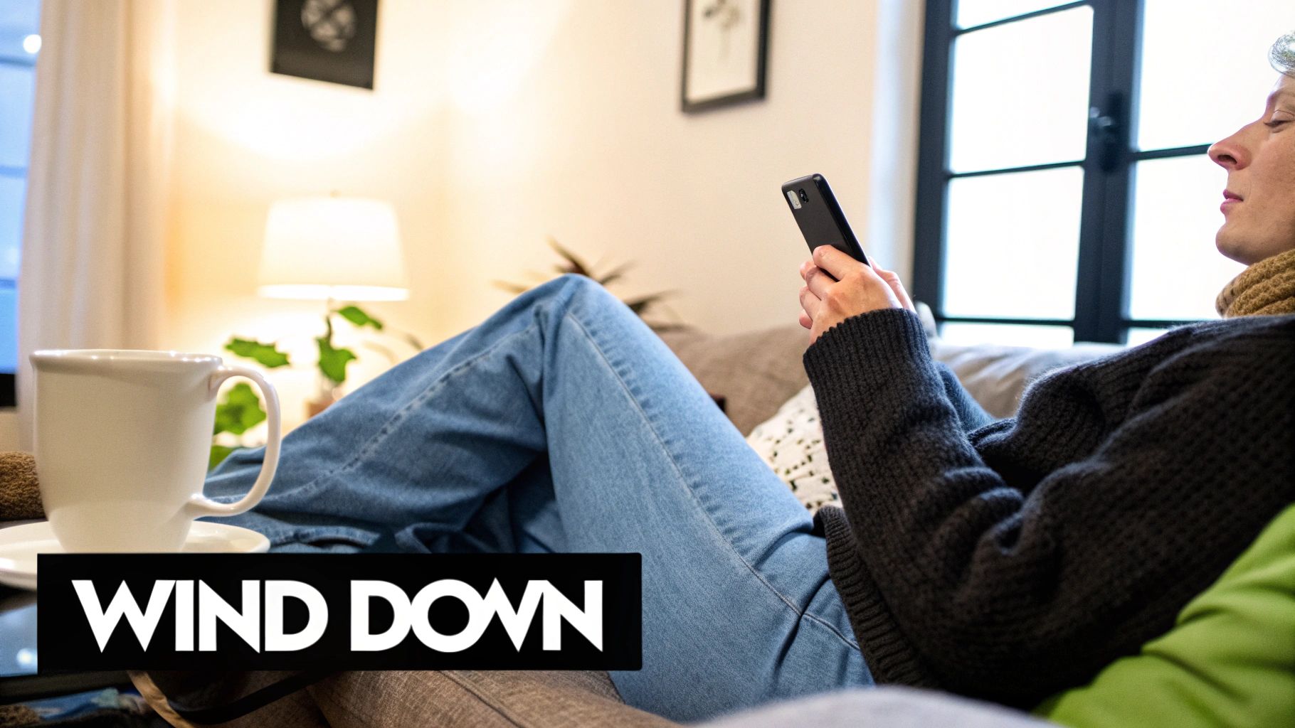 Relaxed individual on a sofa with a phone and a mug, winding down.