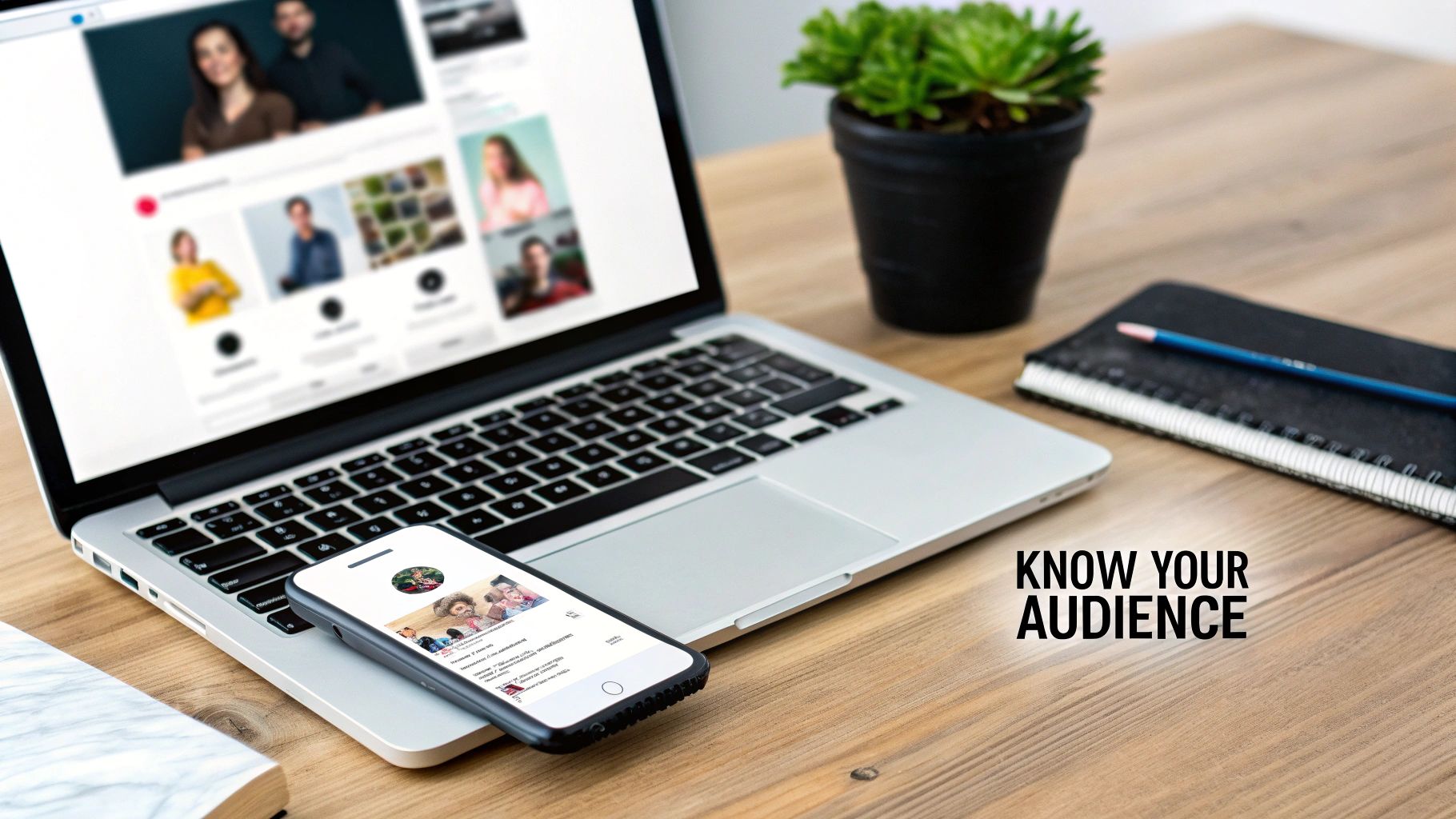 Laptop and smartphone displaying social media feeds on a wooden desk with a plant and notebook, highlighting audience knowledge.