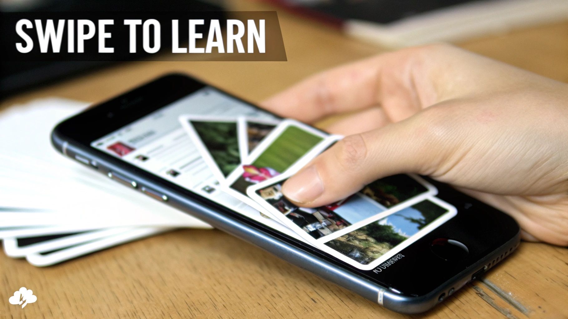 A hand holds a smartphone displaying multiple small image cards, with 'SWIPE TO LEARN' text.