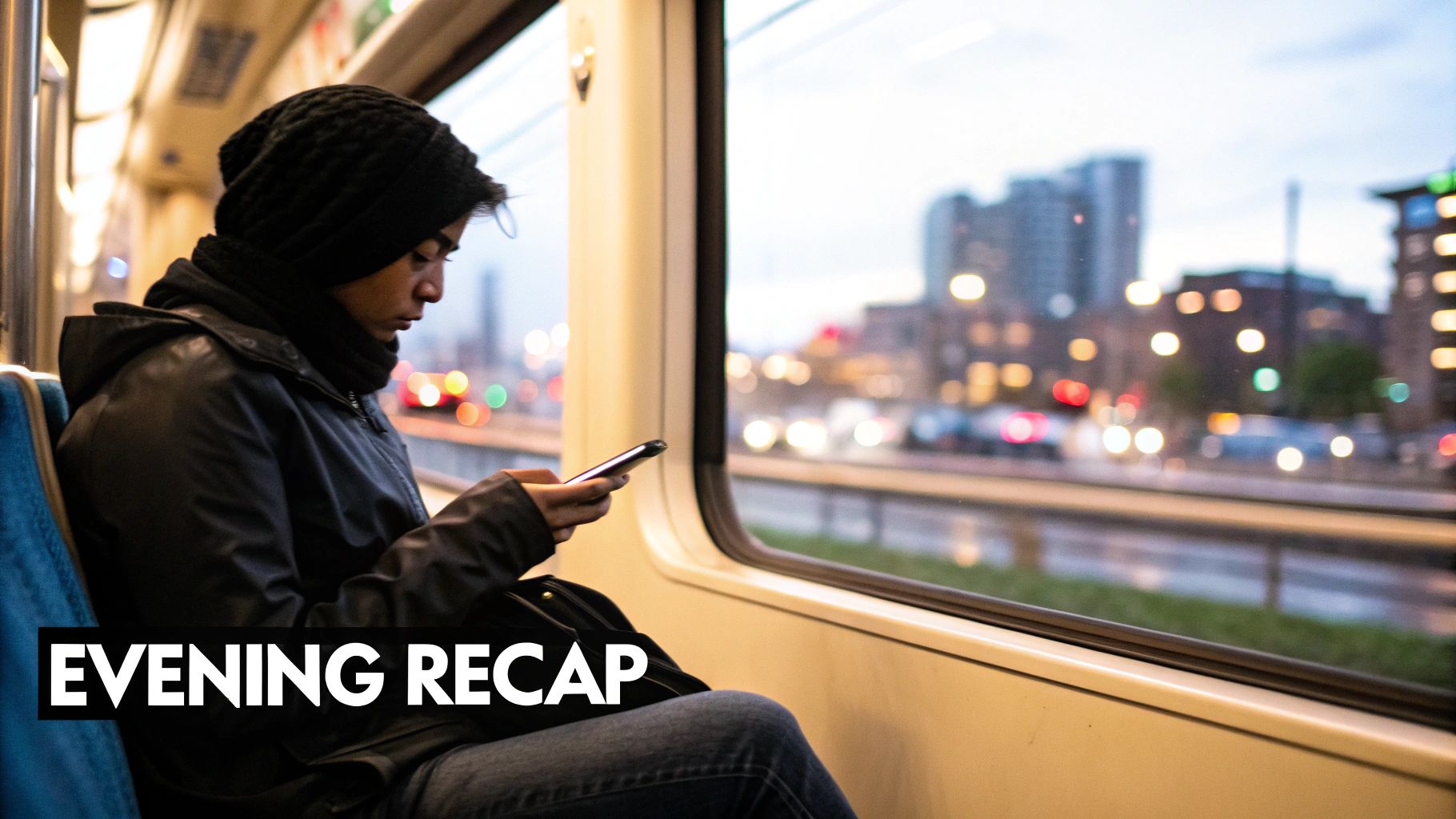 A person in a beanie and jacket on a train looking at their phone, with blurred city lights outside the window.